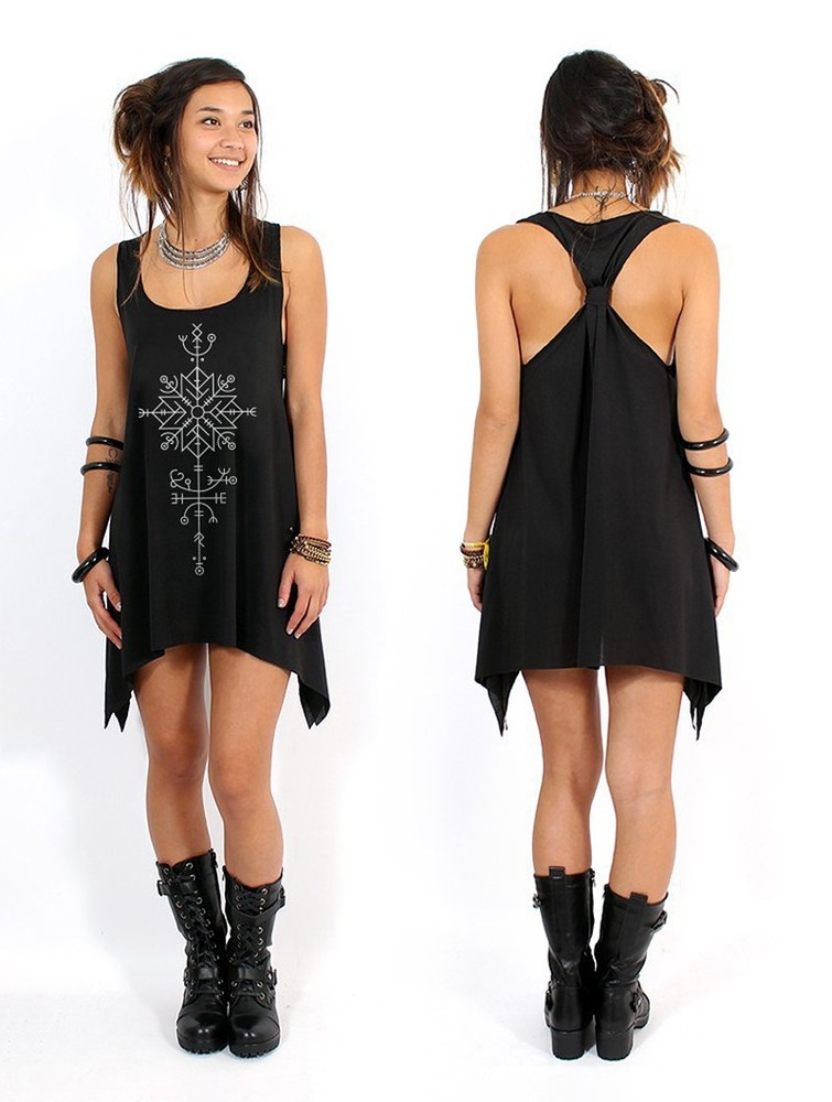 Black and silver Toonzshop Freyja Printed Knotted Sleeveless Tunic Women Tops | 29406TKXZ