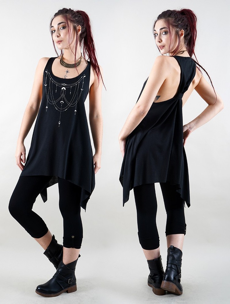 Black and silver Toonzshop Paalayan Printed Knotted Sleeveless Tunic Women Tops | 97360PQZU