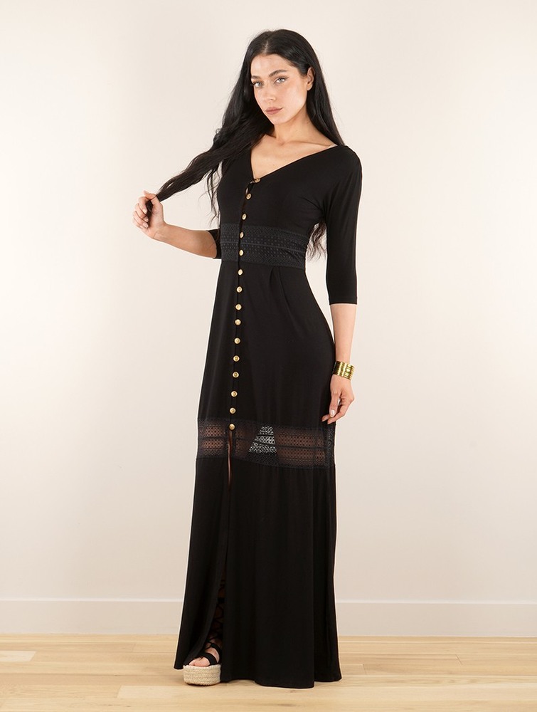 Black with black lace Toonzshop Heldaria Buttoned Long Dress Women Dress | 26893SFZQ