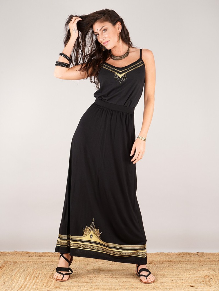 Black with golden prints Toonzshop Lotus Elerinna High Waist Maxi Skirt Women Skirt | 30176IFGR