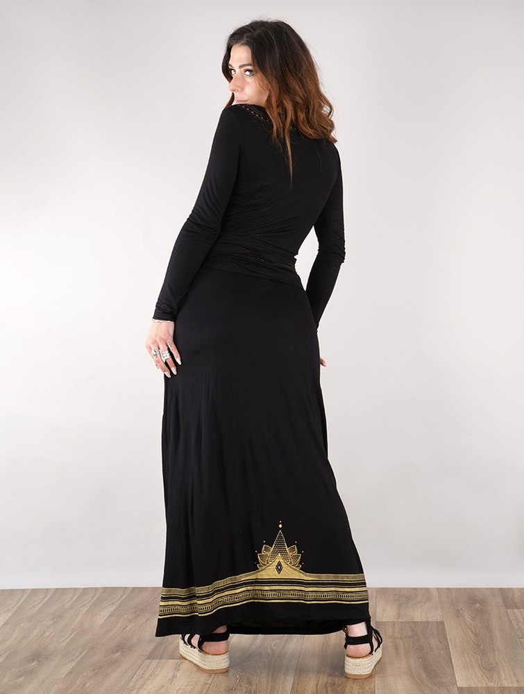 Black with golden prints Toonzshop Lotus Elerinna High Waist Maxi Skirt Women Skirt | 30176IFGR