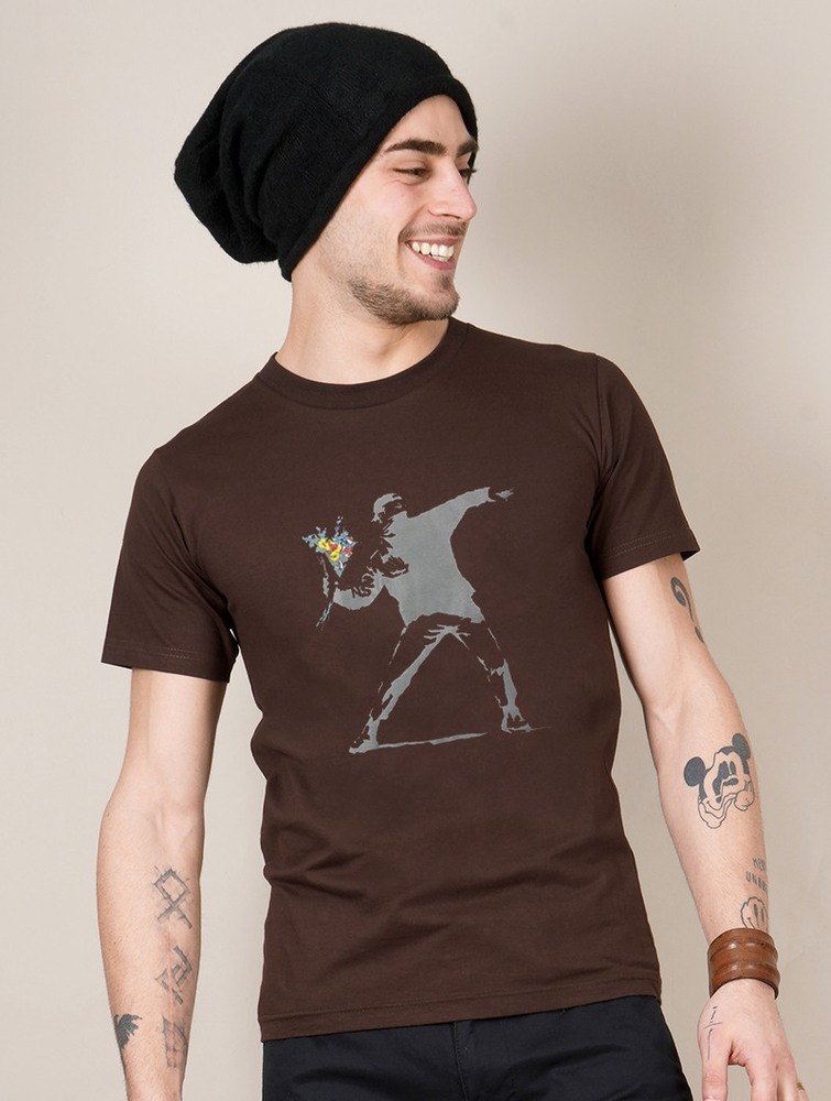 Brown Toonzshop Banksy Hooligan Flowers Printed Short Sleeve T-shirt Men T-Shirt | 81724PIRU