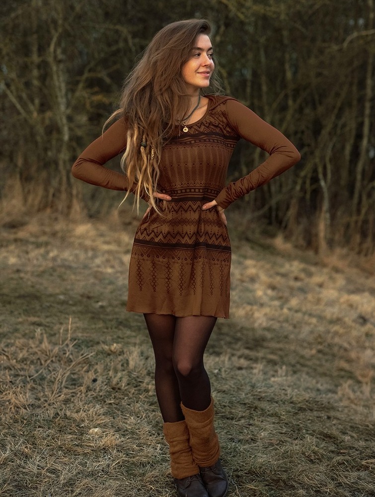 Caramel Toonzshop Inanna Aztec Printed Long Sleeve Hooded Short Dress Women Dress | 72358DATU