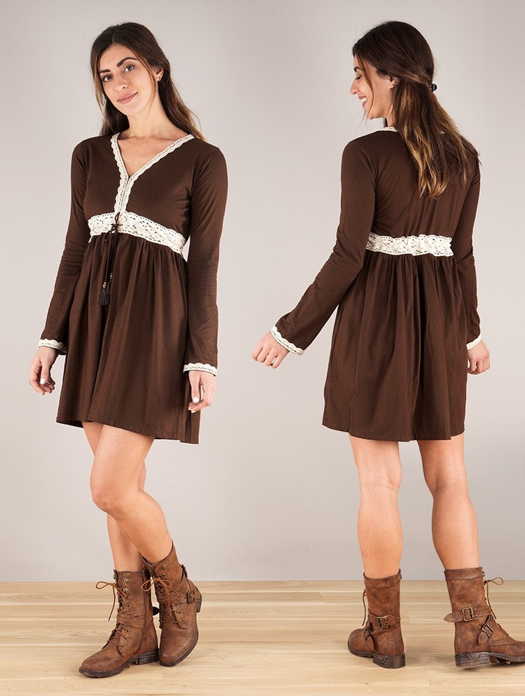 Dark brown Toonzshop Firiel Long Sleeve Dress With Crochet Detail Women Dress | 26751LSXV