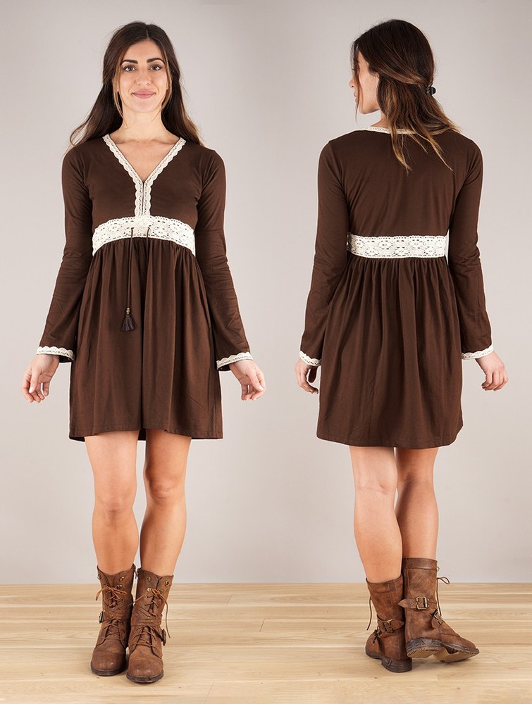 Dark brown Toonzshop Firiel Long Sleeve Dress With Crochet Detail Women Dress | 26751LSXV