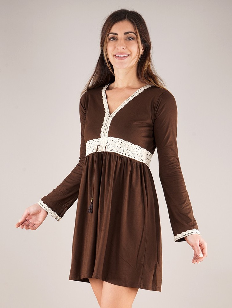 Dark brown Toonzshop Firiel Long Sleeve Dress With Crochet Detail Women Dress | 26751LSXV