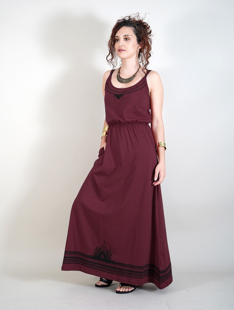 Dark red Toonzshop Lotus Oromë Printed Strappy Long Dress Women Dress | 12480LDAT