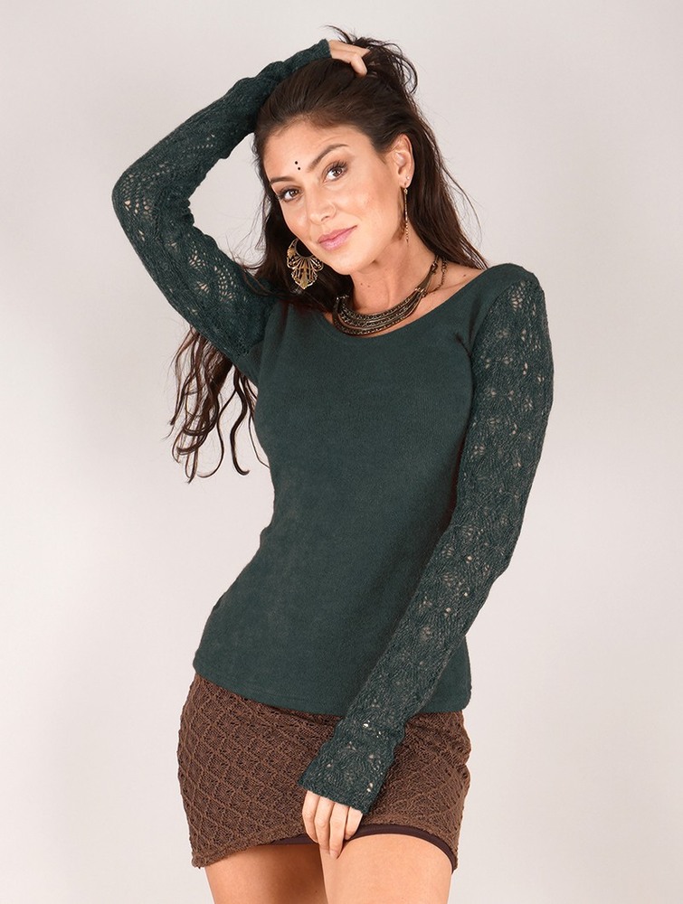 Dark teal blue Toonzshop Oroshï Crochet Sleeve Sweater Women Sweater | 29540RGJV