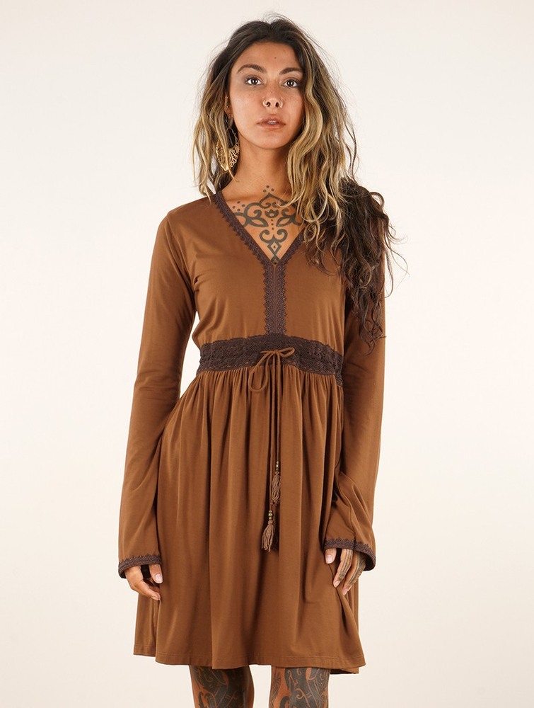 Golden brown Toonzshop Firiel Long Sleeve Dress With Crochet Detail Women Dress | 12493USFD