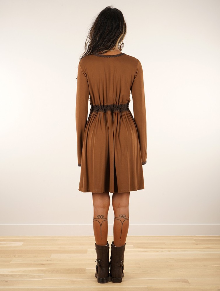 Golden brown Toonzshop Firiel Long Sleeve Dress With Crochet Detail Women Dress | 12493USFD