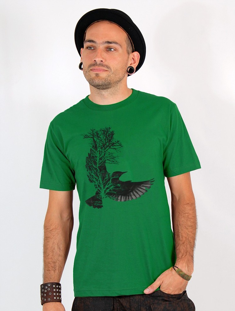 Green Toonzshop Tree Crow Printed Short Sleeve T-shirt Men T-Shirt | 68457XRHQ