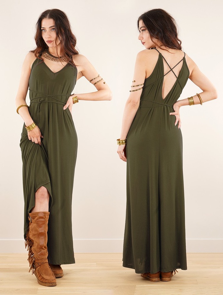 Khaki Toonzshop Lazüli Loose And Reversible Strappy Long Dress Women Dress | 35812BTSP