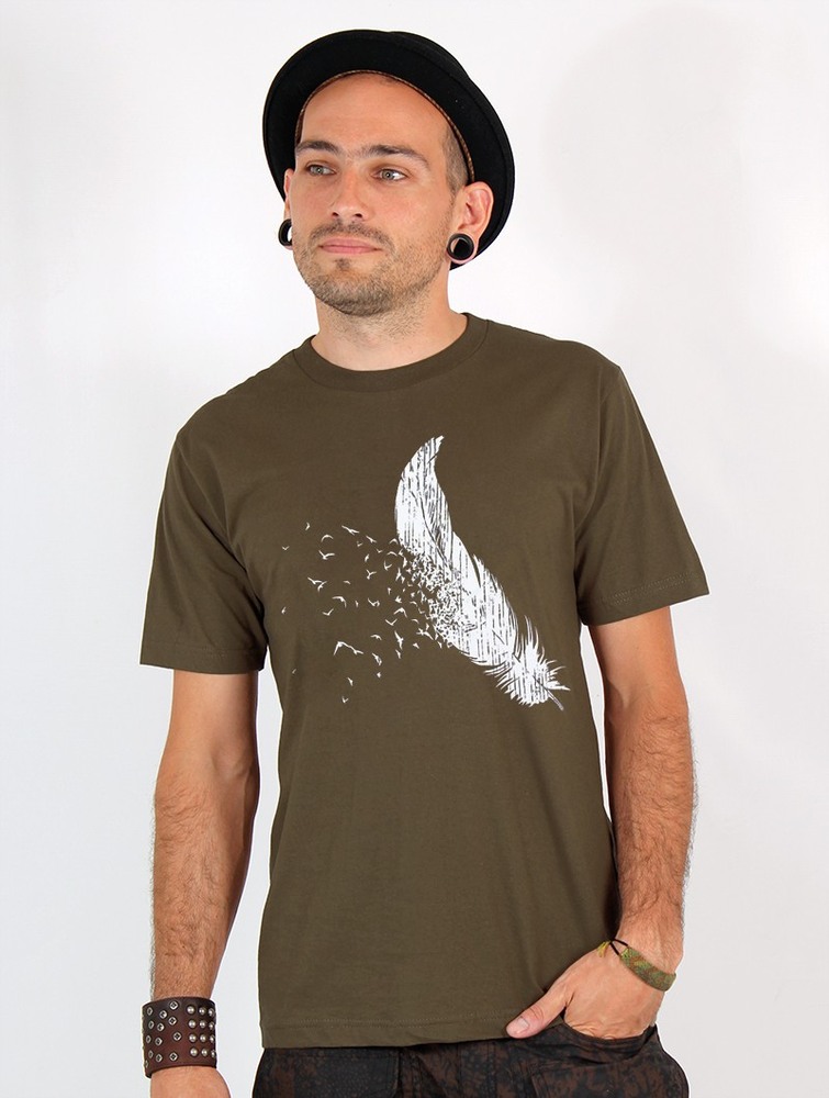 Light army green Toonzshop Feather Printed Short Sleeve T-shirt Men T-Shirt | 67190CVNW