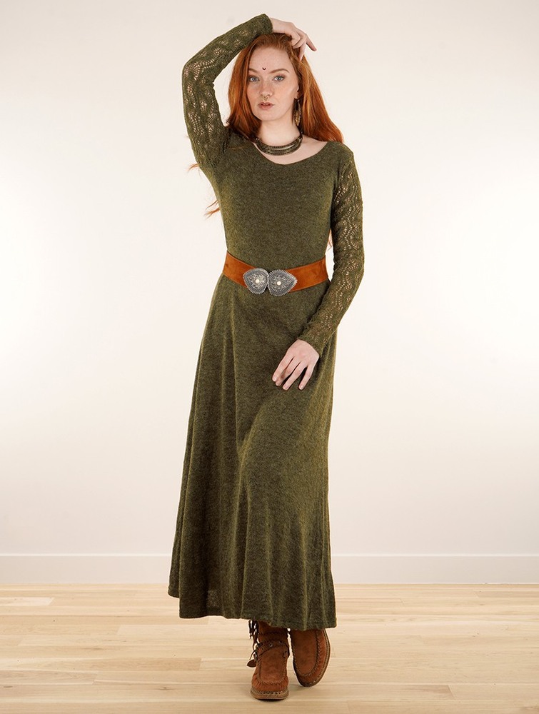 Olive green Toonzshop Melisandre Crochet Long Sleeve Long Sweater Dress Women Dress | 65498YRMV