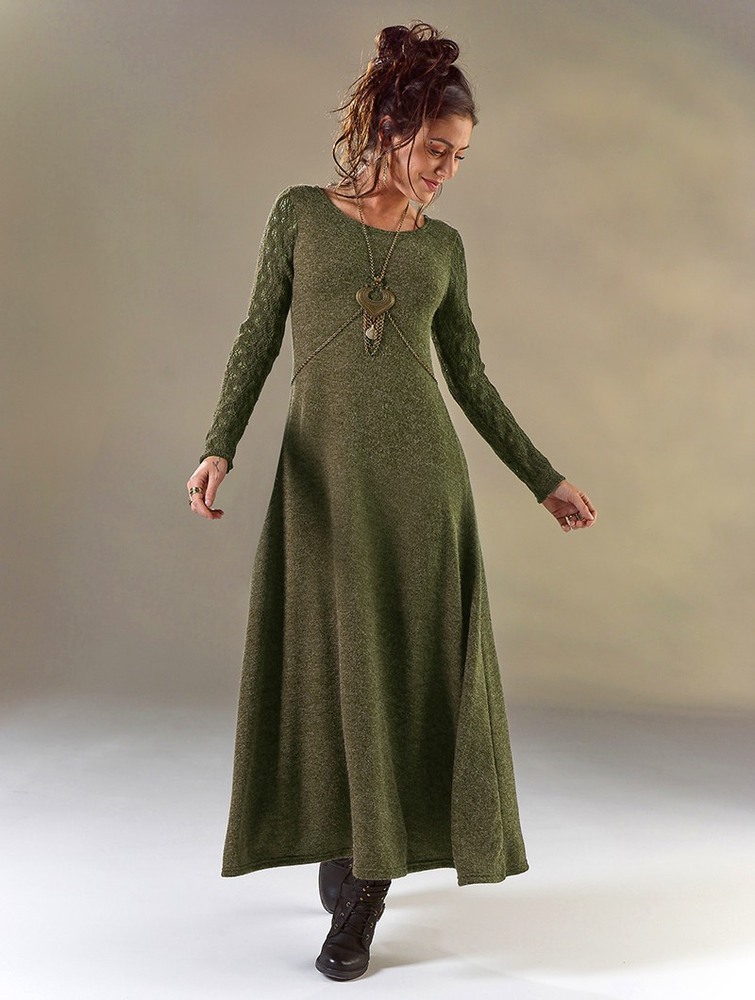 Olive green Toonzshop Melisandre Crochet Long Sleeve Long Sweater Dress Women Dress | 65498YRMV