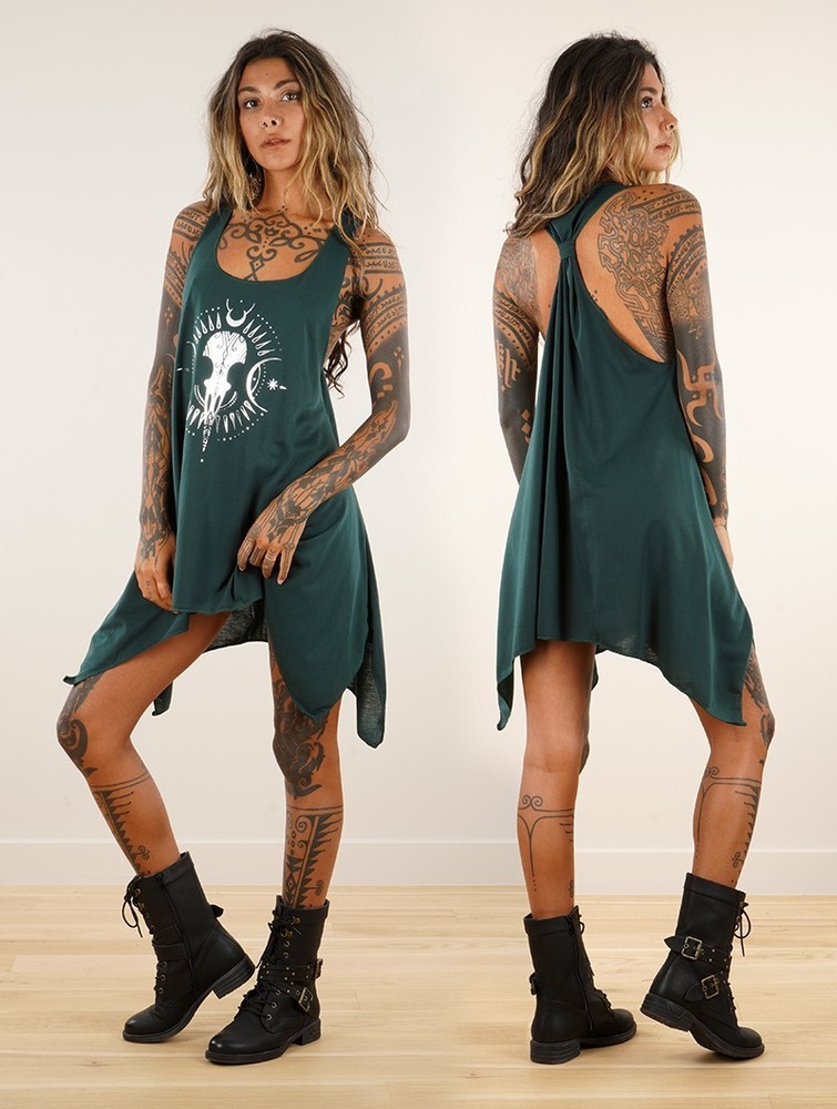 Teal and silver Toonzshop Ridaloo Printed Knotted Sleeveless Tunic Women Tops | 27860PQCY