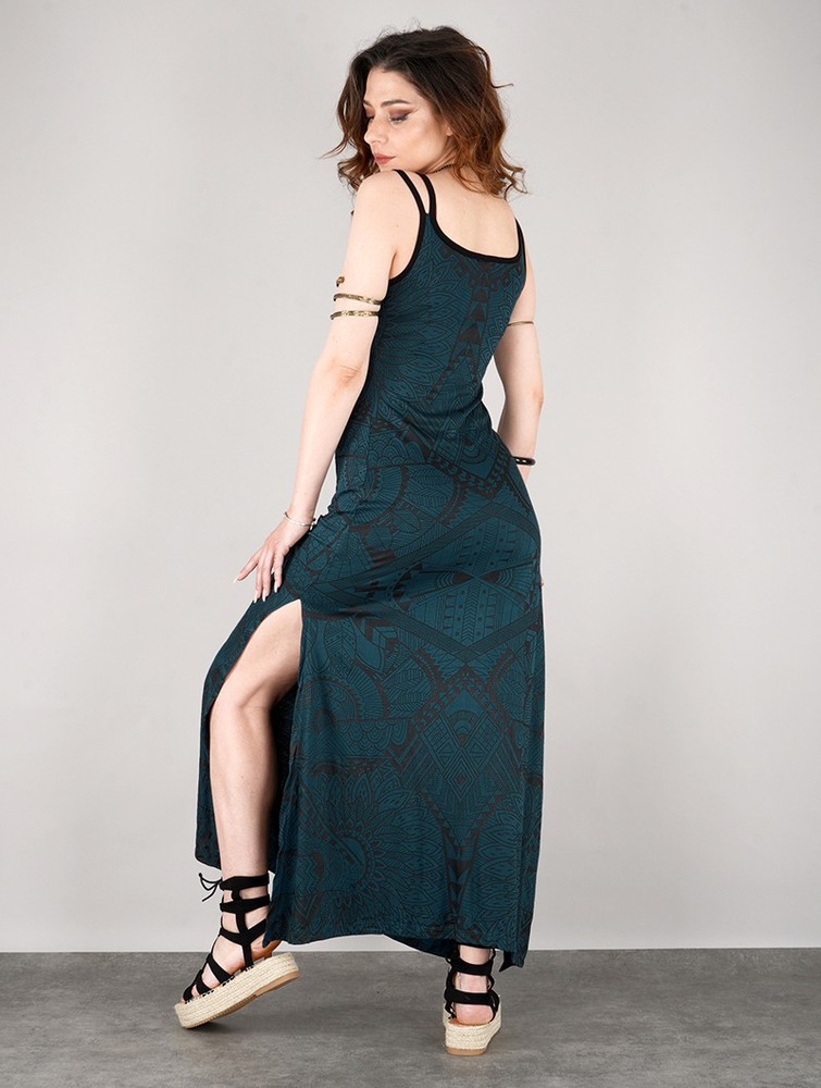 Teal blue Toonzshop Electra Africa Printed Long Split Strappy Dress Women Dress | 31452HCBD