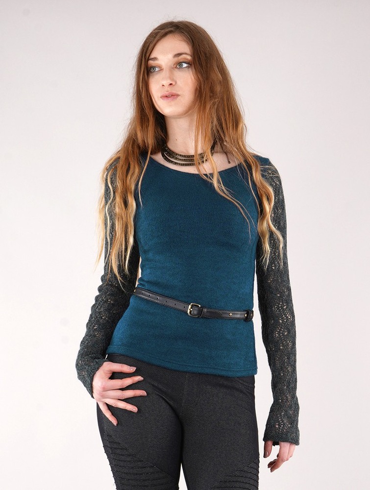 Teal blue Toonzshop Oroshï Crochet Sleeve Sweater Women Sweater | 03642ANZH