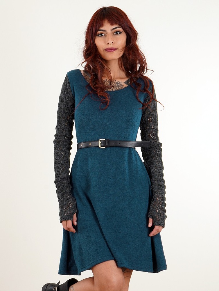 Teal blue Toonzshop Oroshï Crochet Sleeve Sweater Dress Women Dress | 43850VOCU