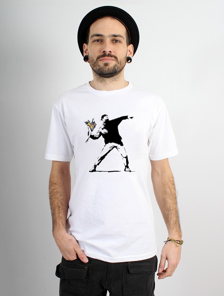 White Toonzshop Banksy Hooligan Flowers Printed Short Sleeve T-shirt Men T-Shirt | 31854NLUE