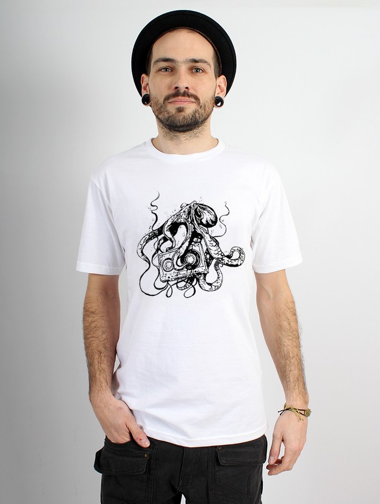 White Toonzshop Octopus K7 Printed Short Sleeve T-shirt Men T-Shirt | 75648LNQV