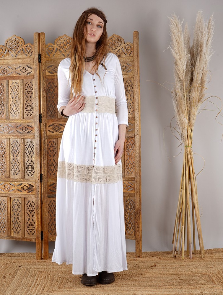 White and beige crochet Toonzshop Heldaria Buttoned Long Dress Women Dress | 43591RMCG