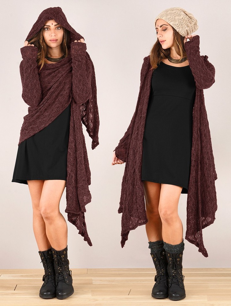 Wine Toonzshop Danaeriz Long Sleeve Hooded Crochet Shawl Cardigan Women Cardigan | 91026MVUQ