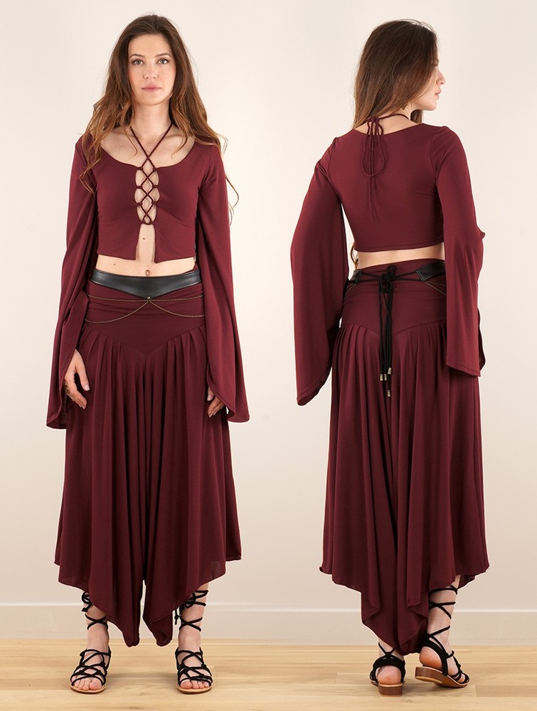 Wine Toonzshop Elfique Flared Long Sleeve Crop Top With Front Lacing Women Tops | 91302OFKU