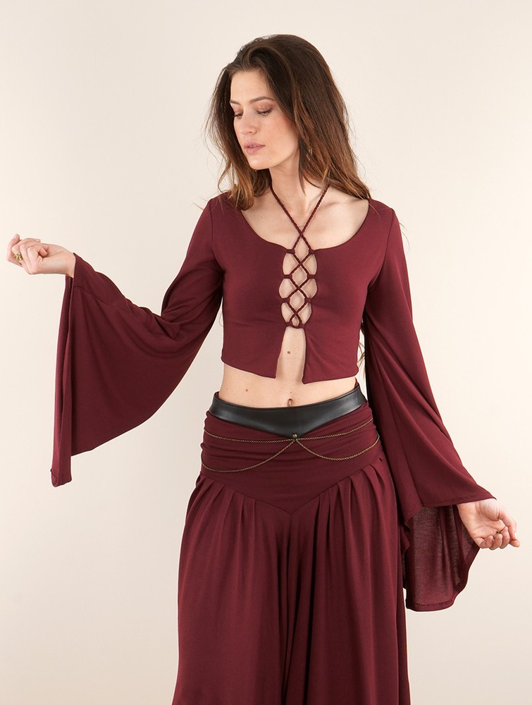 Wine Toonzshop Elfique Flared Long Sleeve Crop Top With Front Lacing Women Tops | 91302OFKU