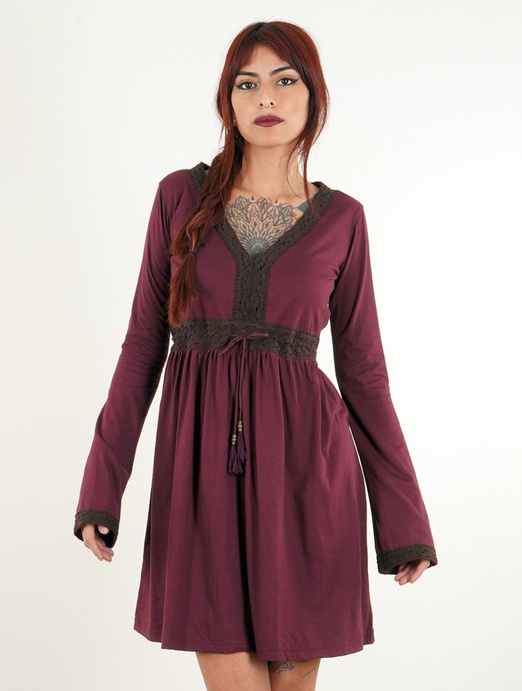 Wine Toonzshop Firiel Long Sleeve Dress With Crochet Detail Women Dress | 51207CXAB