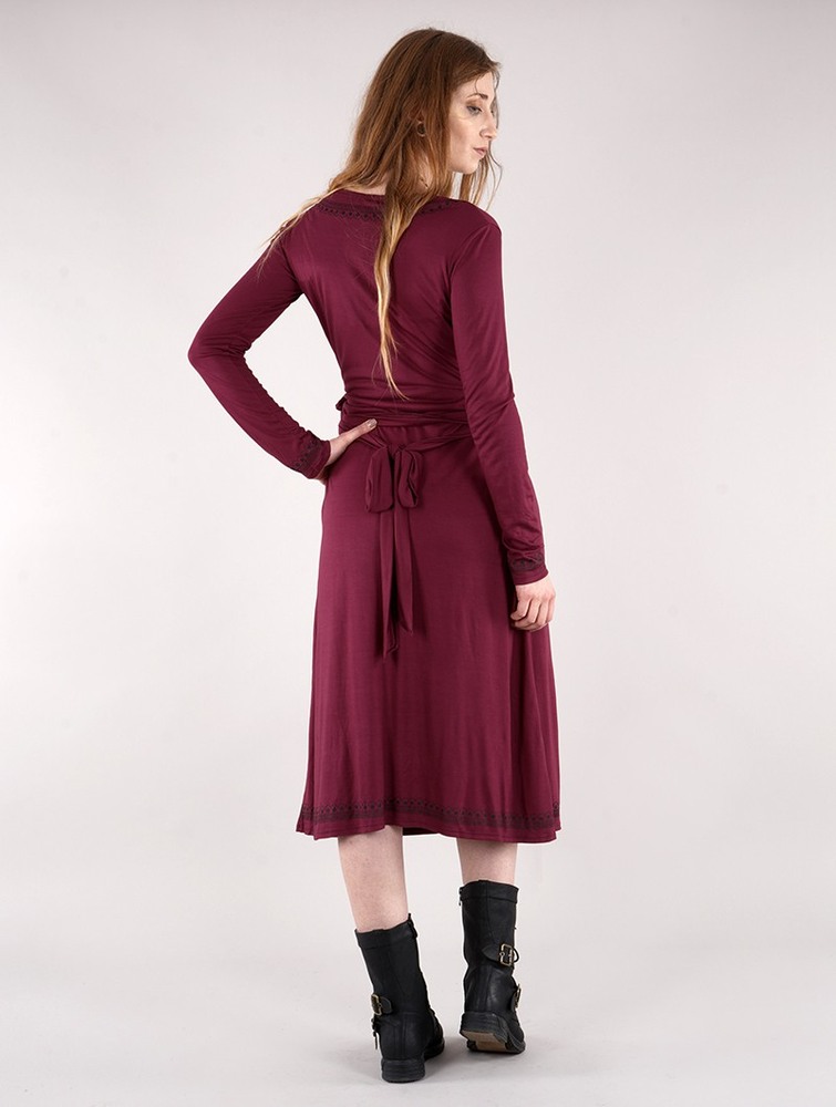 Wine Toonzshop Irwaen Indie 2in1 Cardigan/Long Sleeve Midi Dress Women Dress | 47163IOWD