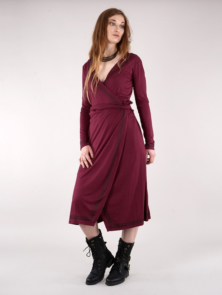 Wine Toonzshop Irwaen Indie 2in1 Cardigan/Long Sleeve Midi Dress Women Dress | 47163IOWD