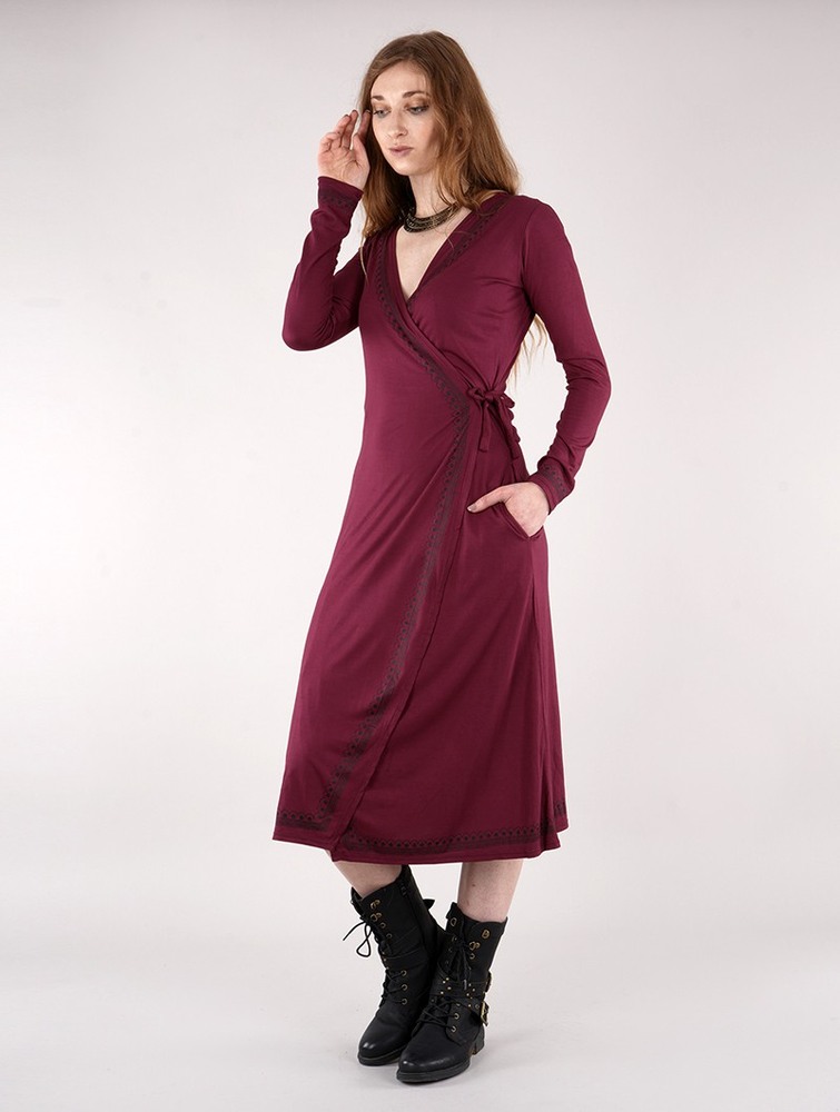 Wine Toonzshop Irwaen Indie 2in1 Cardigan/Long Sleeve Midi Dress Women Dress | 47163IOWD