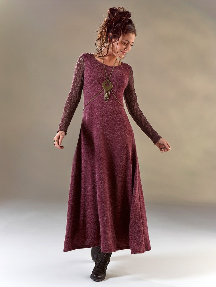 Wine Toonzshop Melisandre Crochet Long Sleeve Long Sweater Dress Women Dress | 32015LKMT