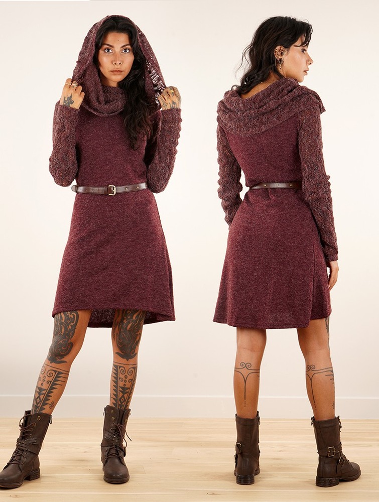 Wine Toonzshop Nouchka Crochet Sleeves And Big Collar Skater Sweater Dress Women Dress | 47519XRZF