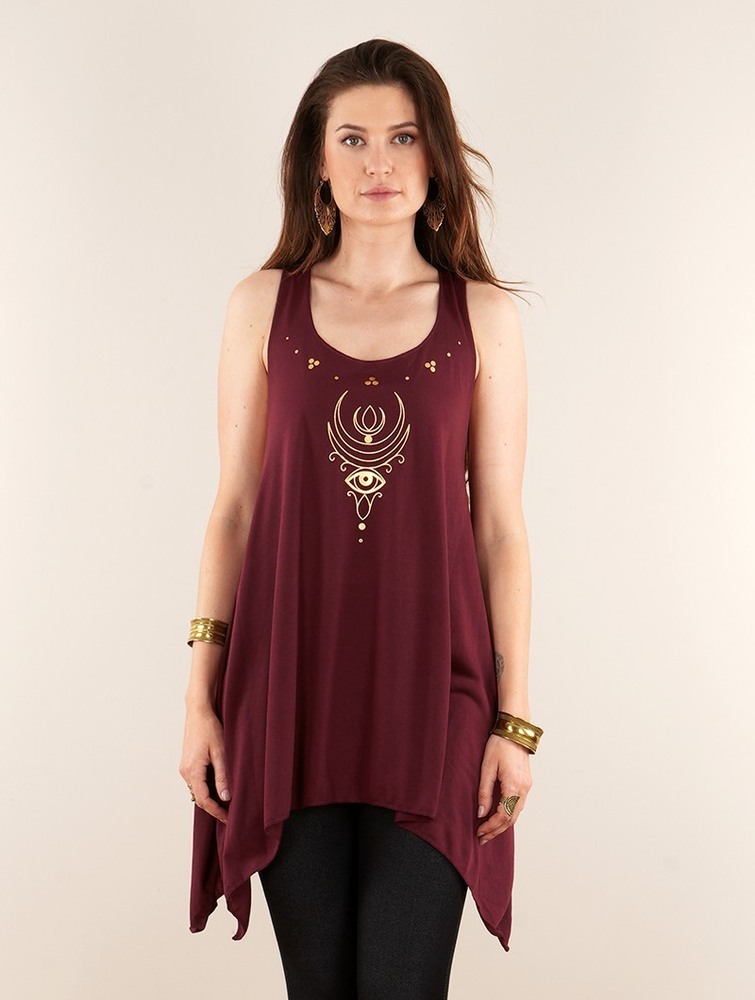 Wine and gold Toonzshop Alruwhani Printed Knotted Sleeveless Tunic Women Tops | 18259CAUY