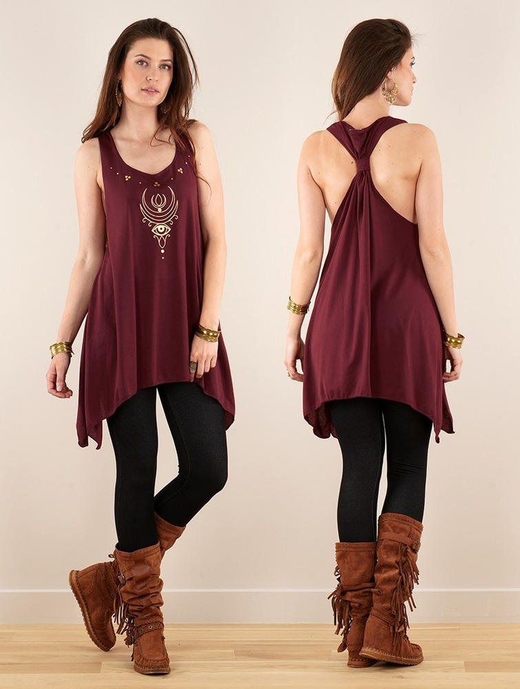 Wine and gold Toonzshop Alruwhani Printed Knotted Sleeveless Tunic Women Tops | 18259CAUY