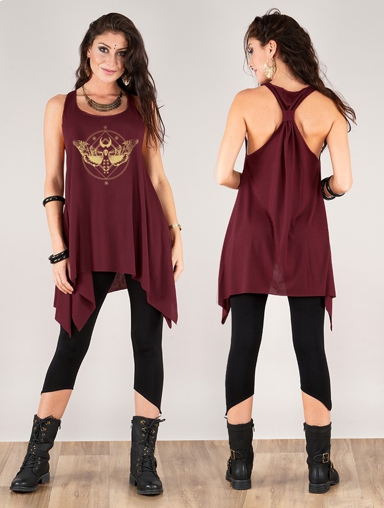 Wine and gold Toonzshop Nightmoth Printed Knotted Sleeveless Tunic Women Tops | 85376PGZH