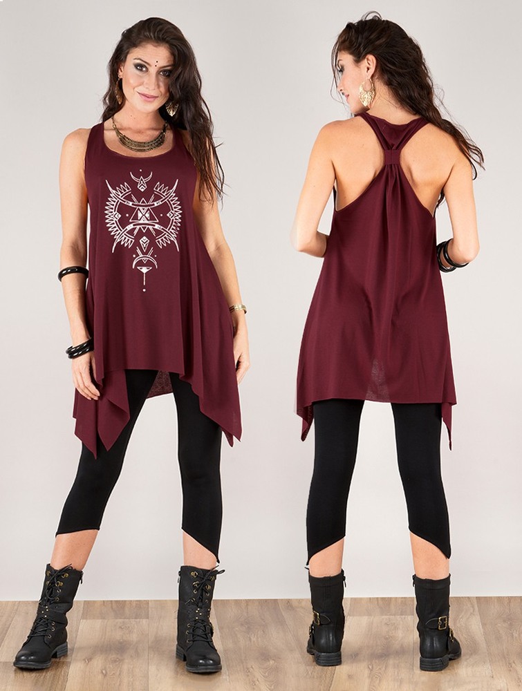 Wine and silver Toonzshop Ilanga Printed Knotted Sleeveless Tunic Women Tops | 14382IKRC